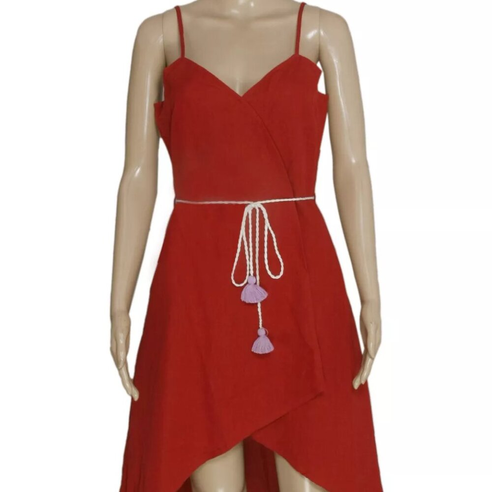 Amichi Sleeveless Asymmetrical Belted Red Babydoll Party Tunic Wrap Dress New XS